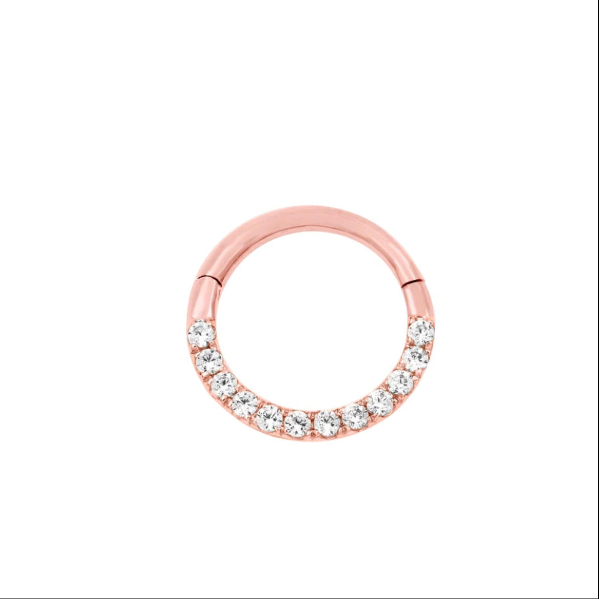 Cubic zirconia hoop earring in 14k rose gold, featuring the classic clear-stone Halo setting.