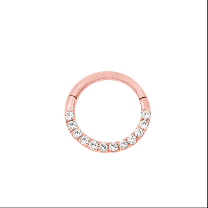 Cubic zirconia hoop earring in 14k rose gold, featuring the classic clear-stone Halo setting.