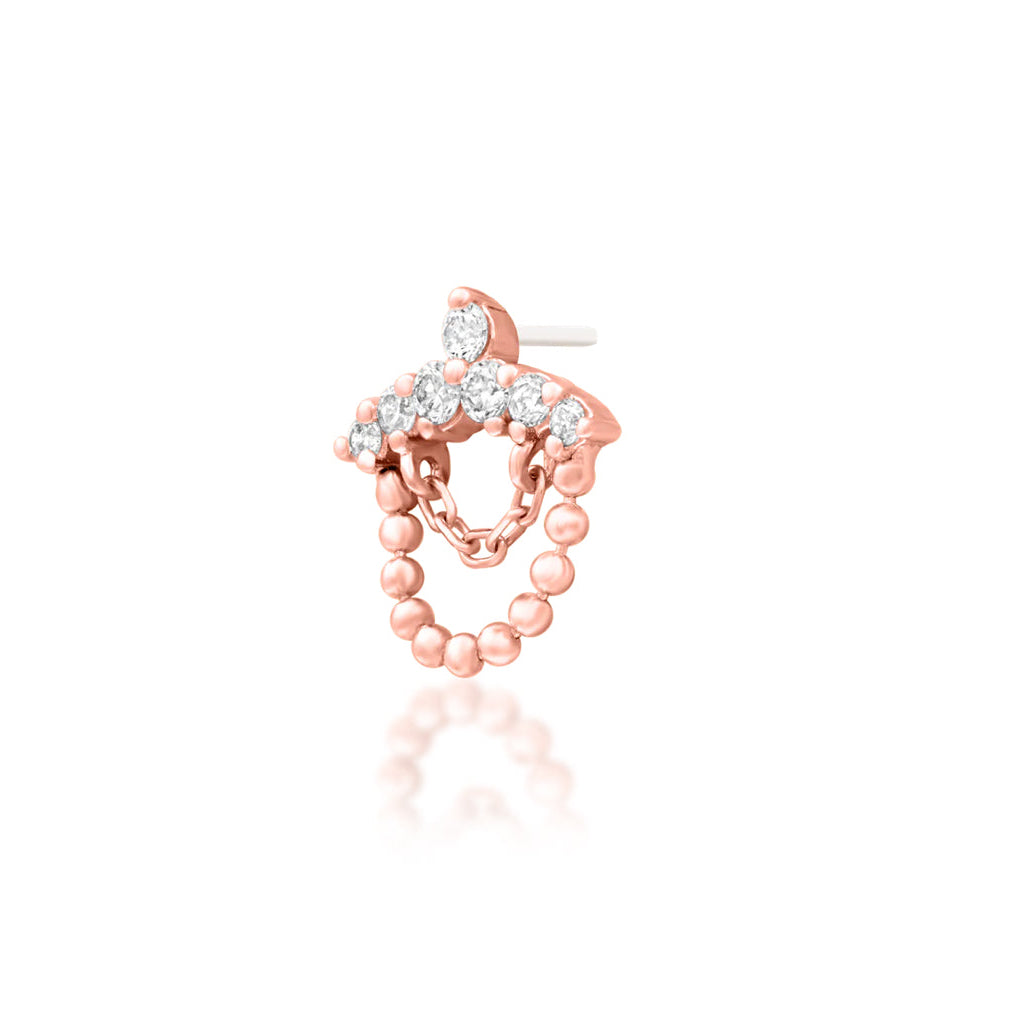 Rose gold helix earring with seven brilliant lab-grown diamonds arranged along a chain