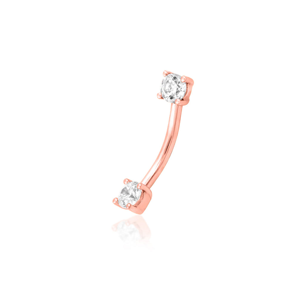 Rose gold curved barbell featuring two forward-facing cubic zirconia gems
