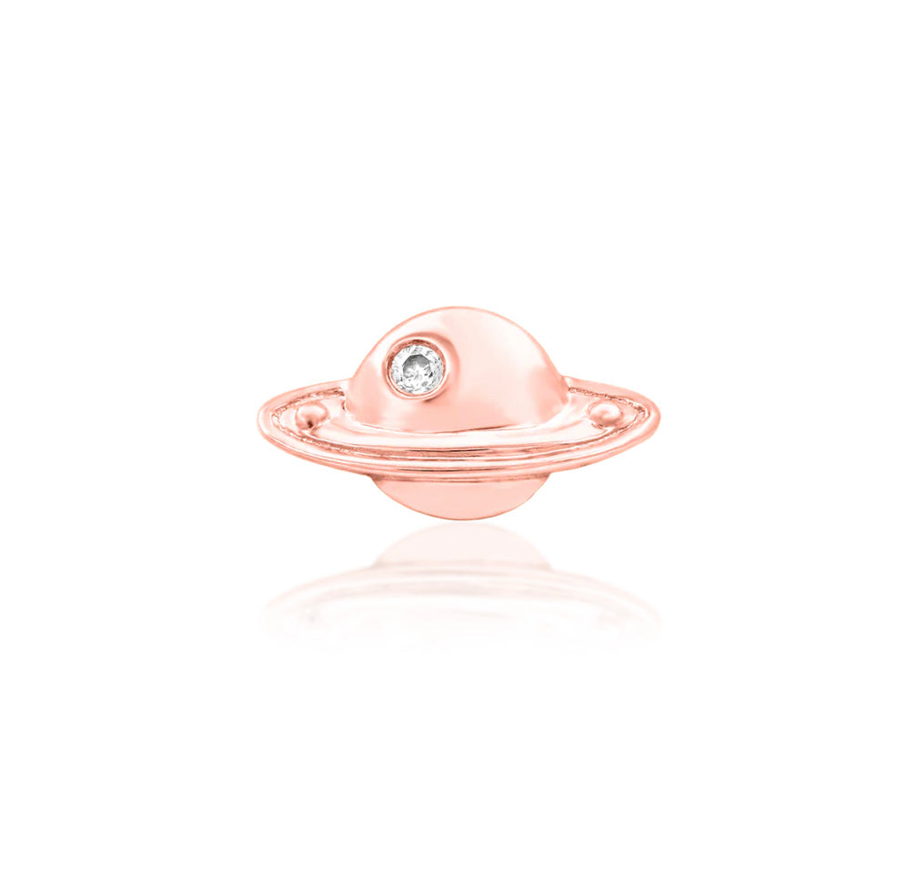 Junipurr Saturn rose gold flat back earring with a three-dimensional planet design