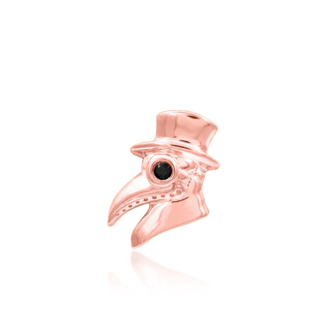 Junipurr Oh Doctor rose gold flat-back earring featuring a plague doctor mask
