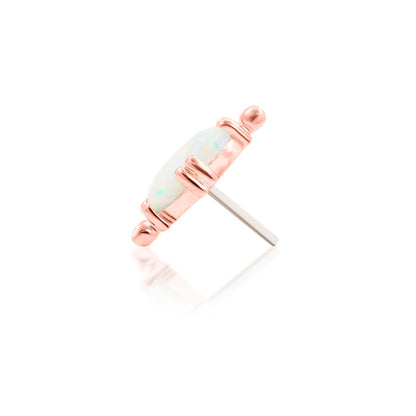 Solid 14k rose gold flat-back stud with a white opal cabochon and gold bead flourish

