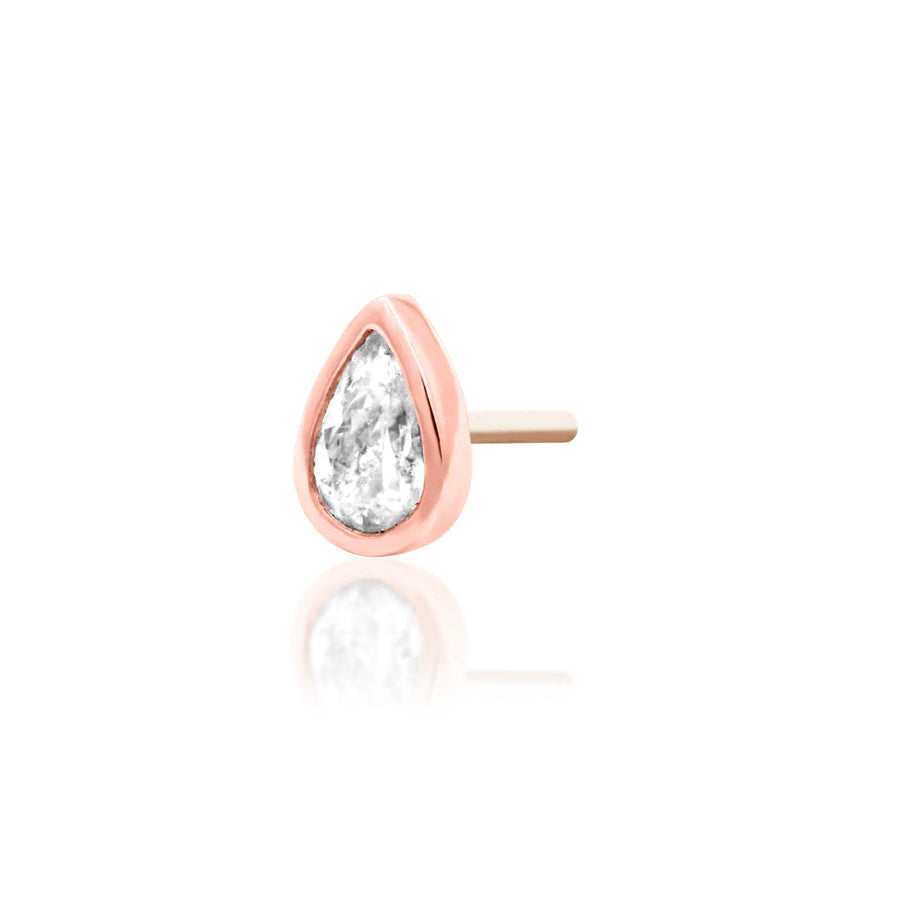 Rose gold flat back stud with a bezel-set pear-shaped cubic zirconia