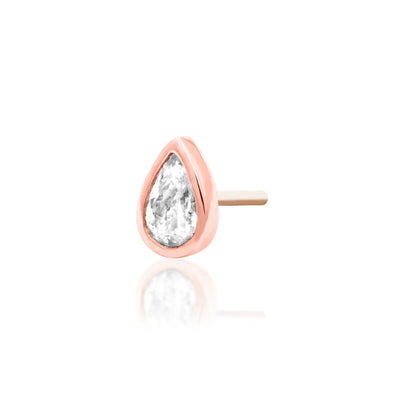 Rose gold flat back stud with a bezel-set pear-shaped cubic zirconia