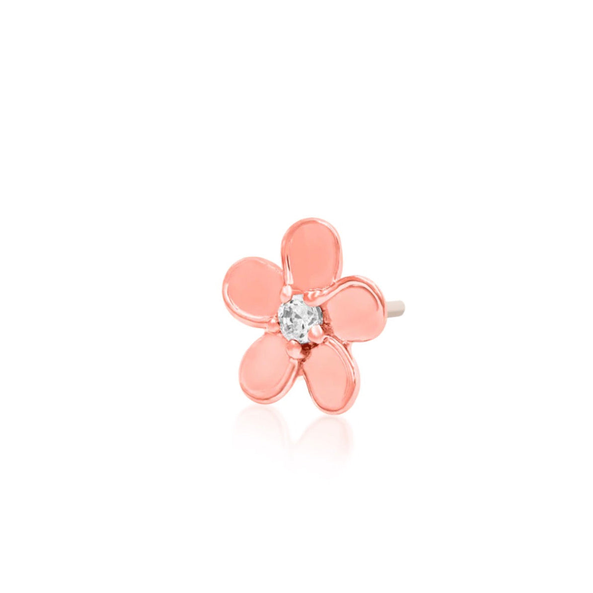 Rose gold floral helix stud with polished petals and a white CZ centre