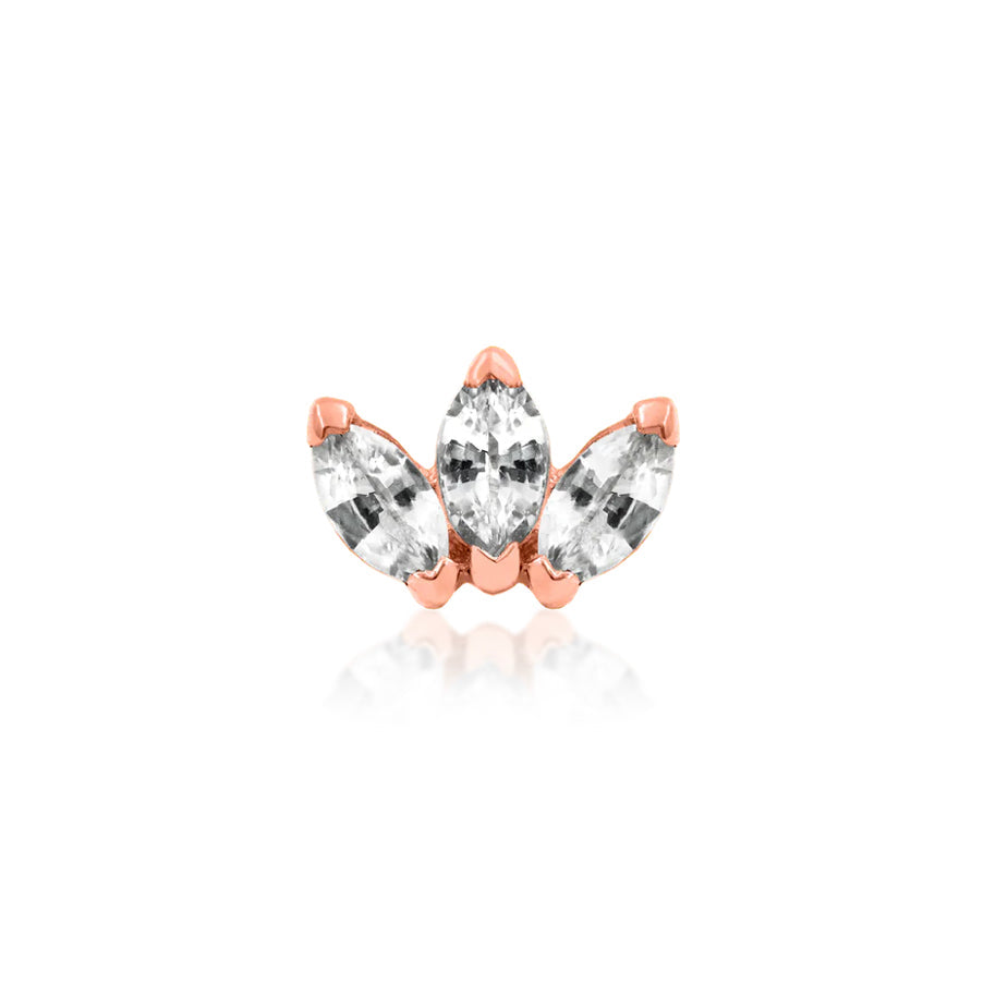 Rose gold helix earring featuring three marquise-cut White CZ stones in a fan shape