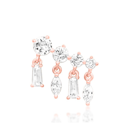 Junipurr Fatima rose gold flat earring with round, baguette and marquise white CZ stones