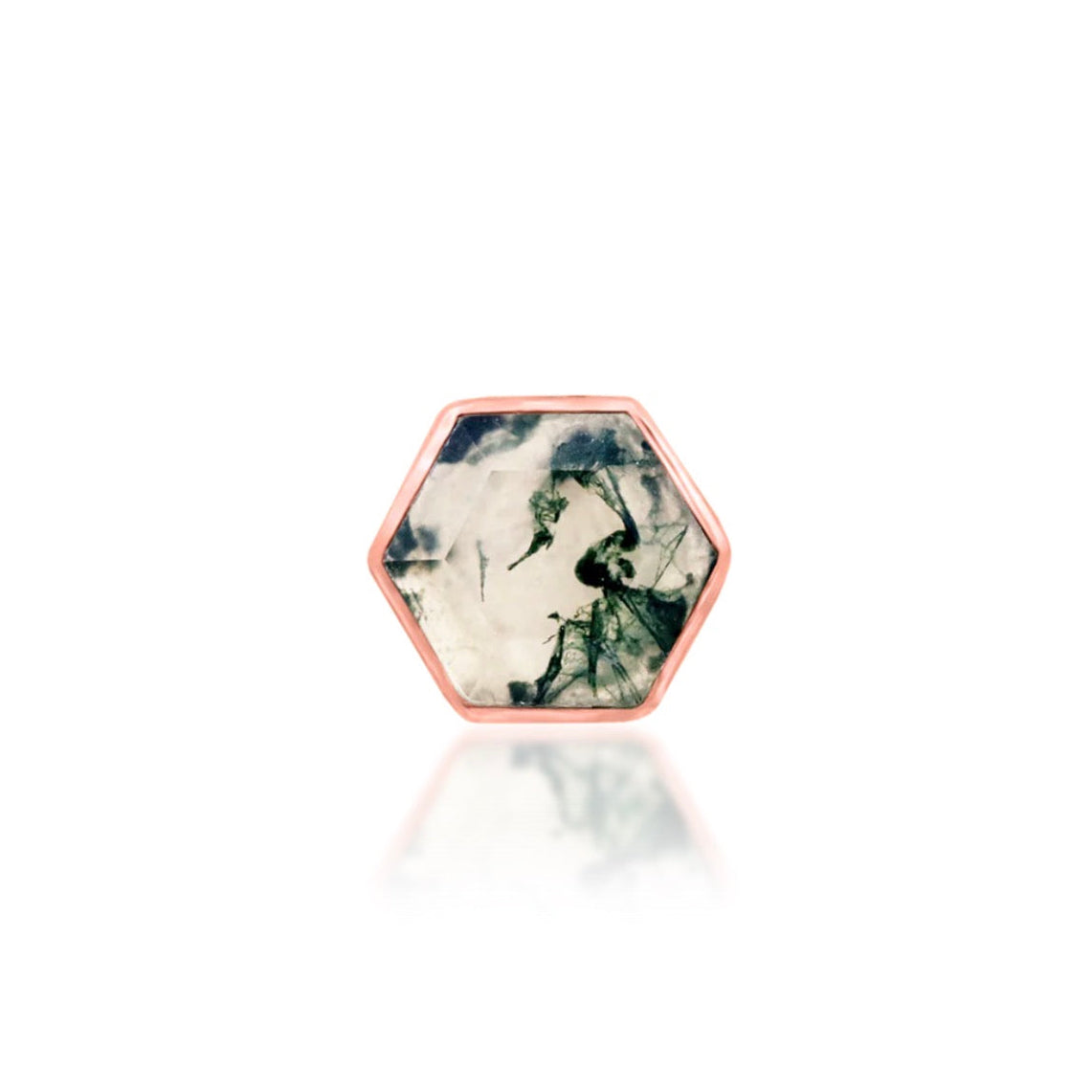 Junipurr Valerie II rose gold helix stud with a hexagon-cut genuine moss agate stone