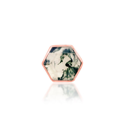 Junipurr Valerie II rose gold helix stud with a hexagon-cut genuine moss agate stone