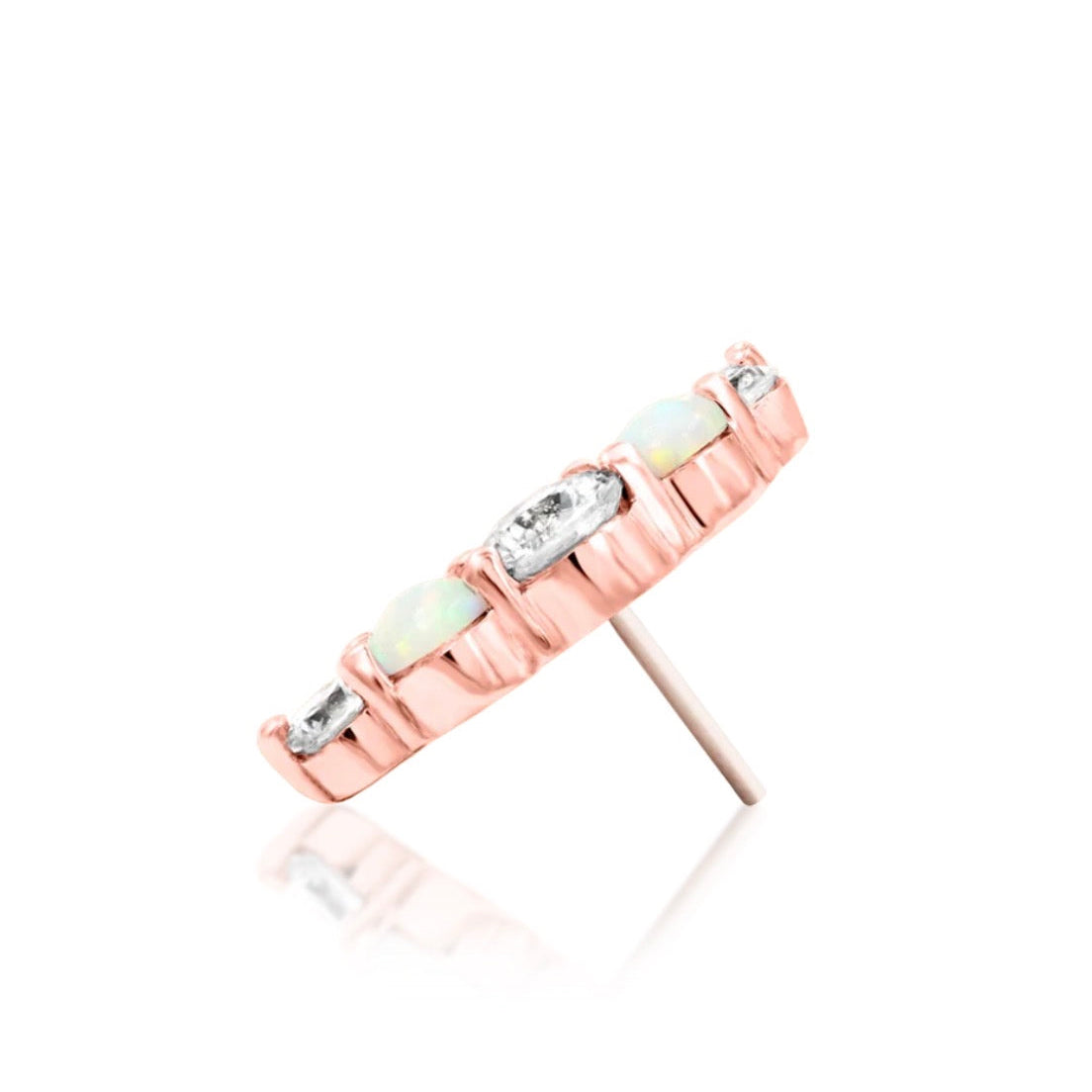 Solid 14k rose gold piercing stud with an elongated curved arrangement of white opals and CZ