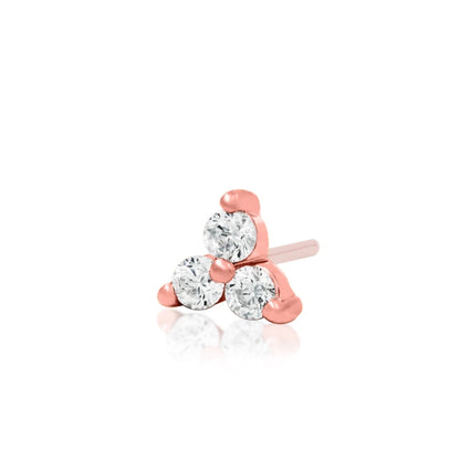 Rose gold Trinity jewellery showing the raised prong settings surrounding each of the three 1.5mm stones.