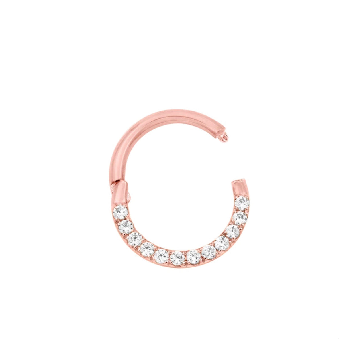 Everyday gold piercing jewellery in rose gold with a lightweight profile and continuous CZ sparkle.