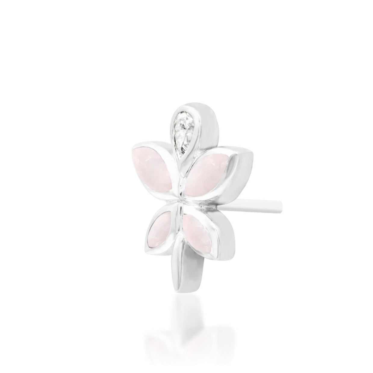 Rose quartz conch earring in white gold with a larger multi-stone pink and clear gemstone arrangement.
