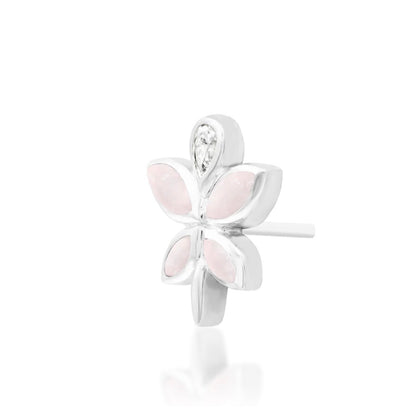 Rose quartz conch earring in white gold with a larger multi-stone pink and clear gemstone arrangement.