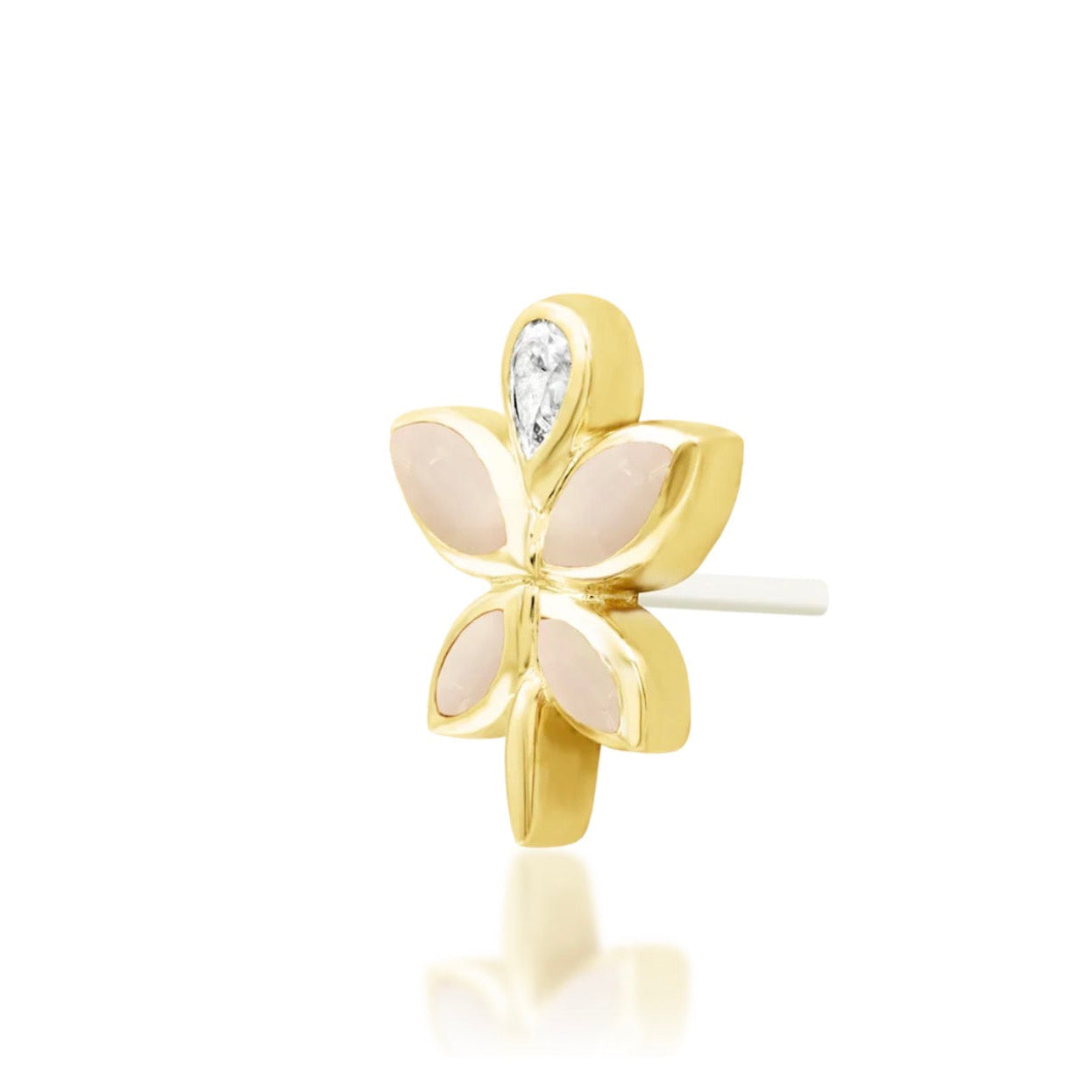 Rose quartz earring in solid yellow gold featuring genuine blush-pink gemstones and bright cubic zirconia.