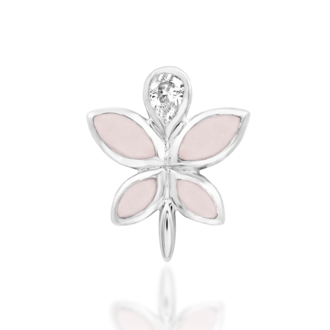 Rose quartz flat-back earring top in solid 14k white gold with genuine pink stone and white CZ.