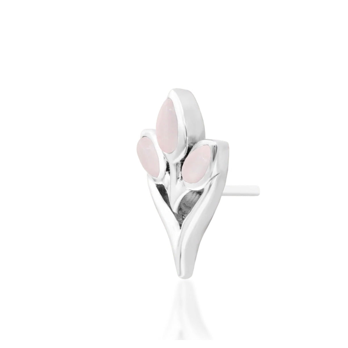 Rose quartz flat-back earring top in solid white gold with an elegant three-stone floral arrangement.