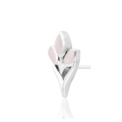 Rose quartz flat-back earring top in solid white gold with an elegant three-stone floral arrangement.
