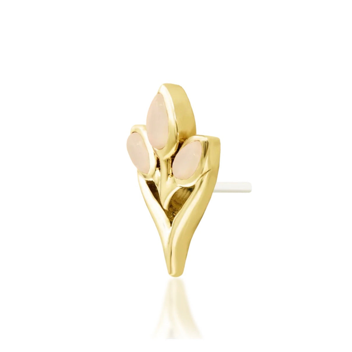 Rose quartz flower earring in yellow gold with three genuine pink gemstones forming an elegant floral design.