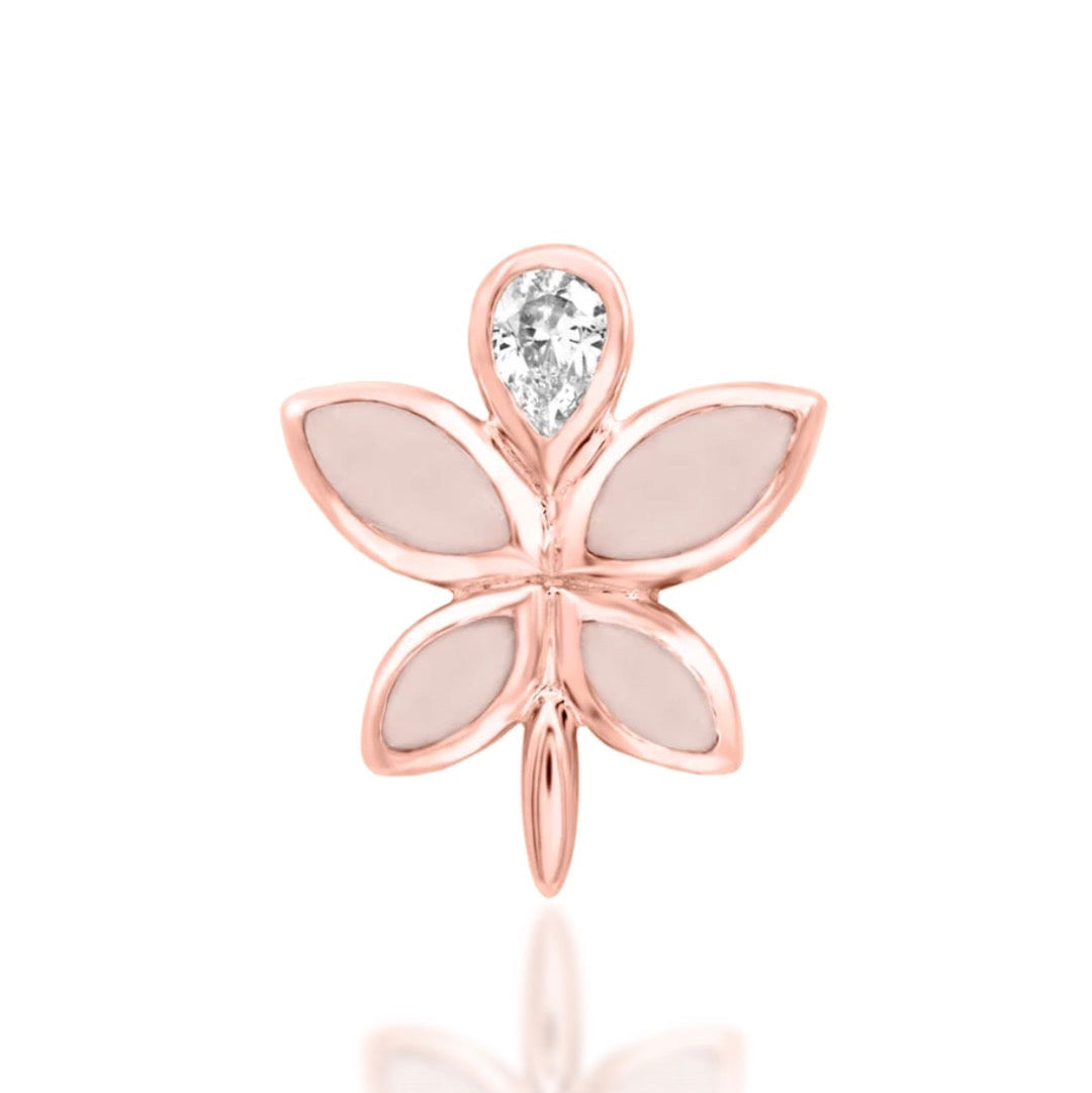 Rose quartz helix earring in solid 14k rose gold with soft pink gemstones and white CZ accents.