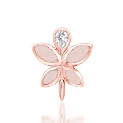 Rose quartz helix earring in solid 14k rose gold with soft pink gemstones and white CZ accents.