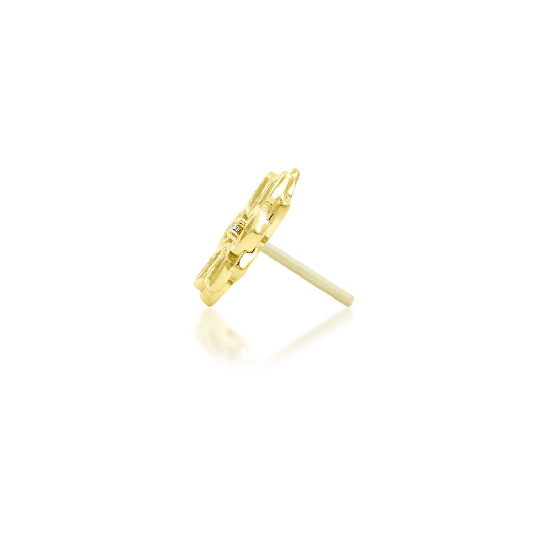 Sacred geometry jewellery in solid yellow gold, shaped as Chloe’s symmetrical mandala-inspired design.