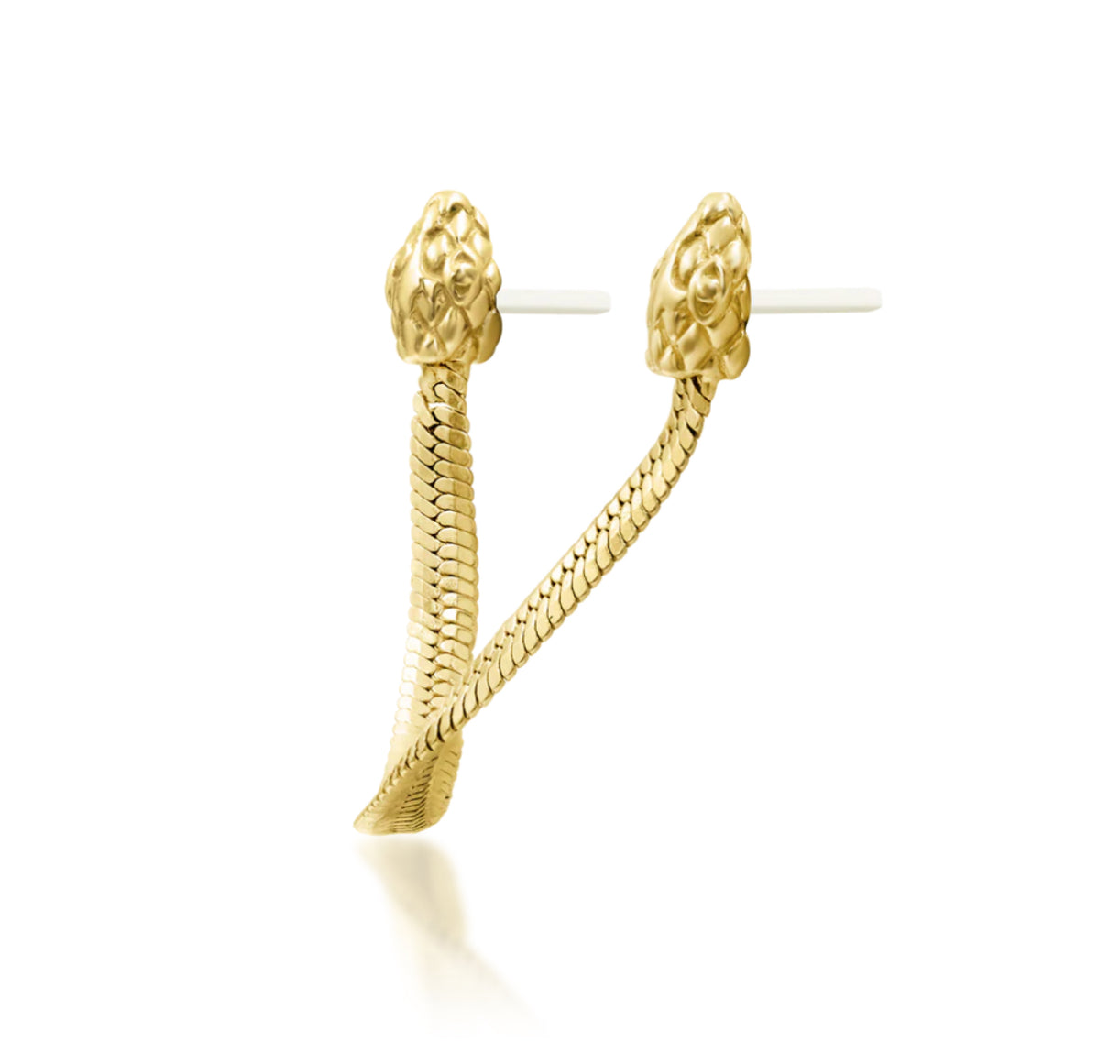 Solid yellow gold serpent connector earring with two threadless pins spaced 31mm apart