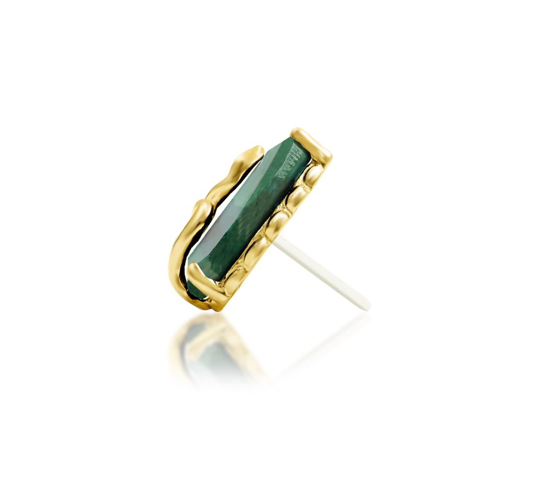 Yellow gold serpent flat earring featuring a genuine pear-shaped moss agate stone