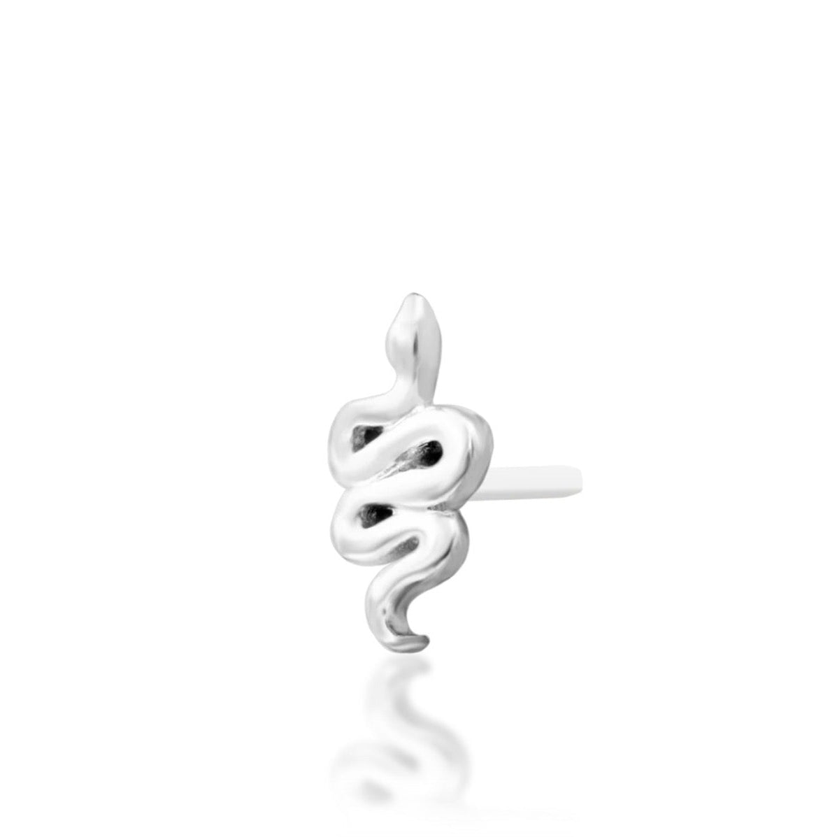 Solid white gold serpent stud for a flat piercing with a compact sculptural silhouette