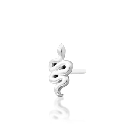 Solid white gold serpent stud for a flat piercing with a compact sculptural silhouette