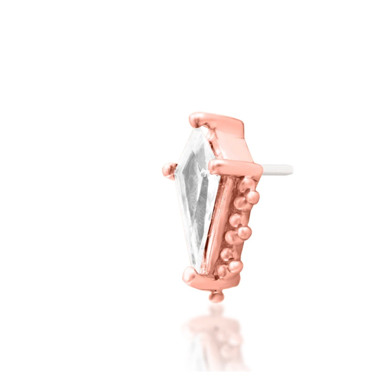 Solid rose gold flat earring with a single elongated CZ gemstone