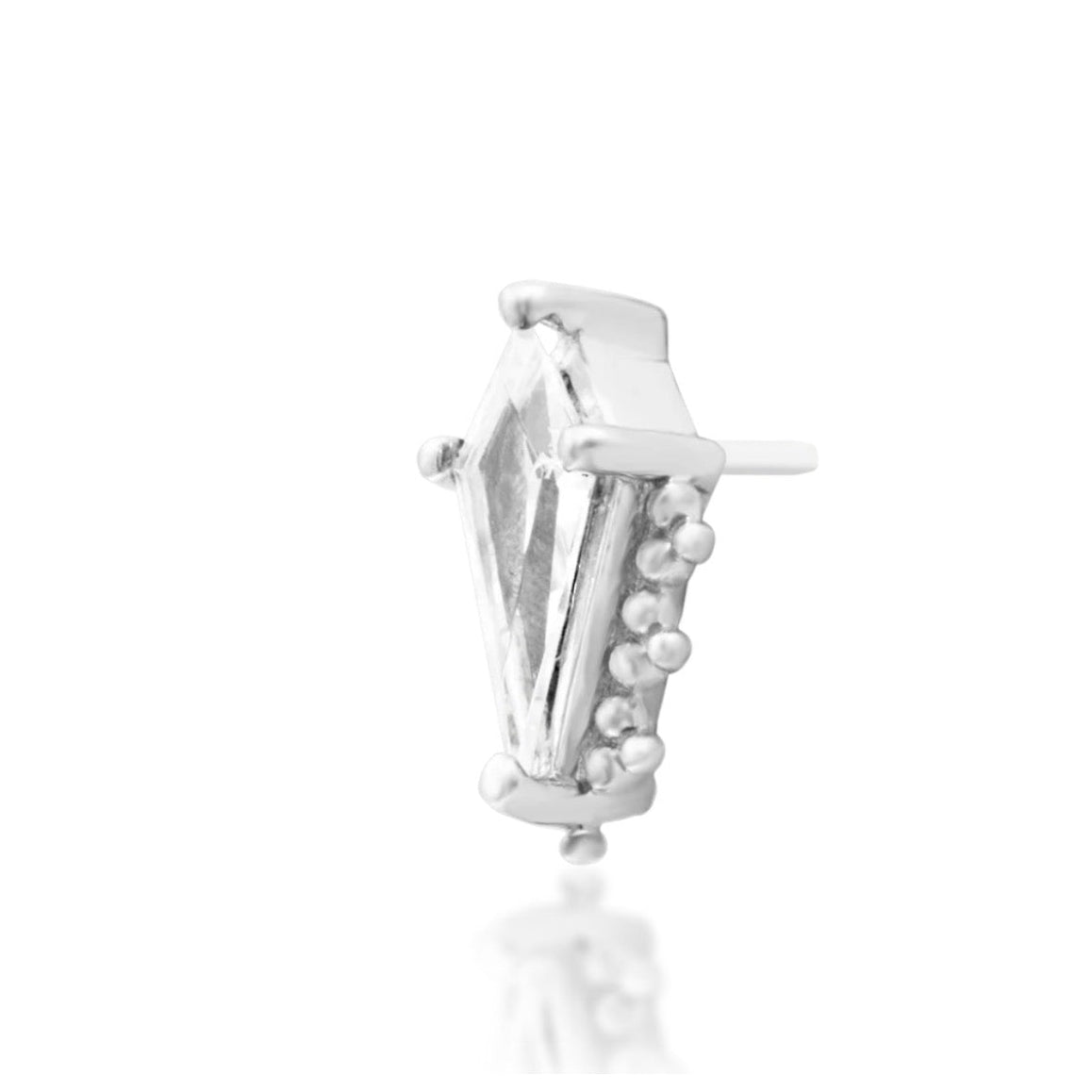 Solid white gold flat earring featuring a single elongated CZ gemstone
