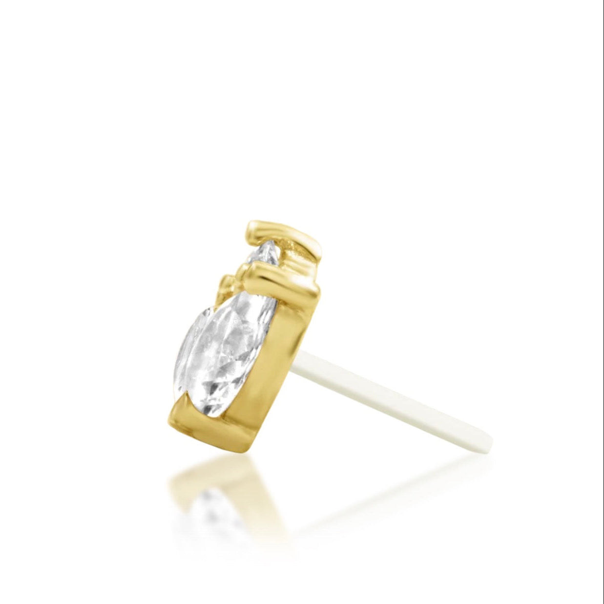 Small solid yellow gold flat earring with a structured floral arrangement of brilliant white cubic zirconia
