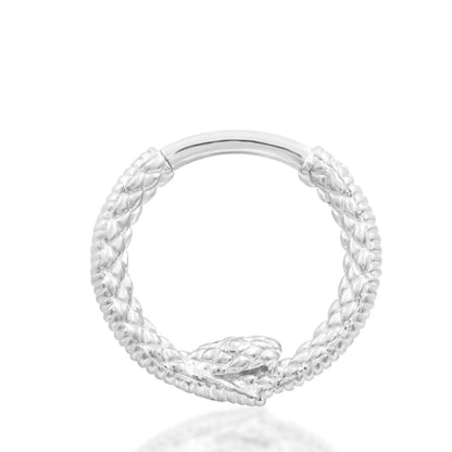 Snake helix ring in 14k white gold, with the Ouroboros serpent forming the decorative outer edge.