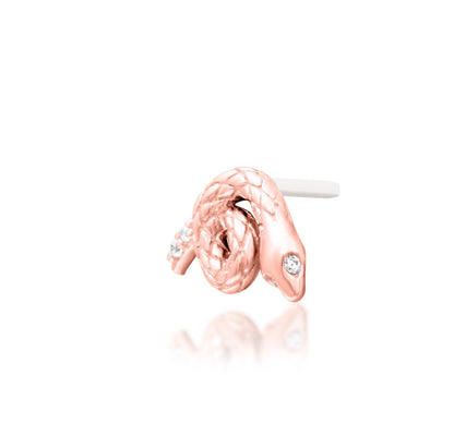 Rose gold snake spiral cartilage stud featuring four delicate white cubic zirconia stones