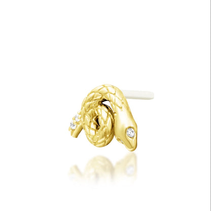 Yellow gold snake spiral cartilage stud measuring 8mm with four white cubic zirconia stones