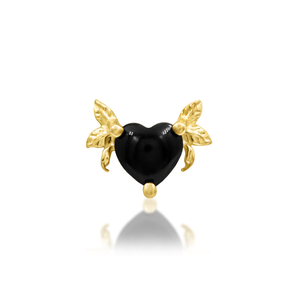 Junipurr Salem solid 14k yellow gold helix stud design with a heart-shaped black onyx
