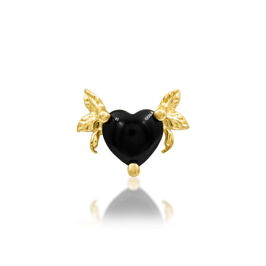 Junipurr Salem solid 14k yellow gold helix stud design with a heart-shaped black onyx

