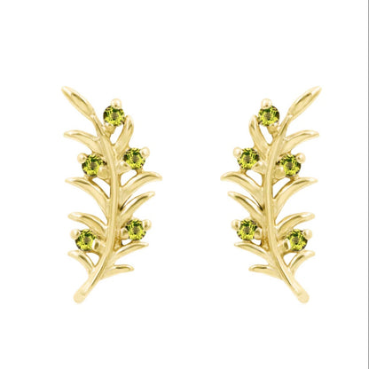Solid gold olive branch helix earring in 14k yellow gold with five peridot-green cubic zirconia stones.