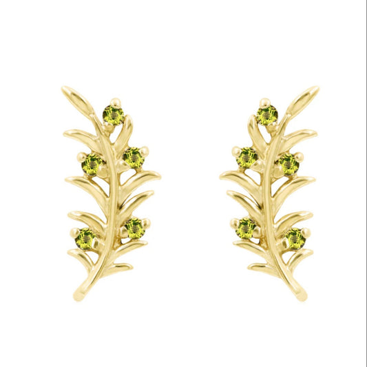 Solid gold olive branch helix earring in 14k yellow gold with five peridot-green cubic zirconia stones.