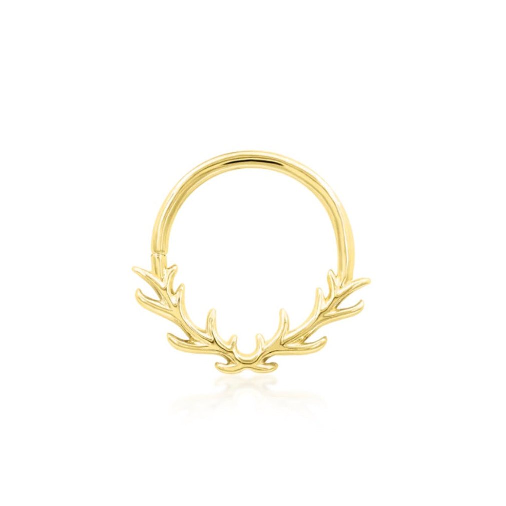 Solid gold antler septum ring in 14k yellow gold, featuring the branching Junipurr Raven design.