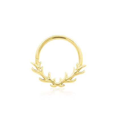 Solid gold antler septum ring in 14k yellow gold, featuring the branching Junipurr Raven design.
