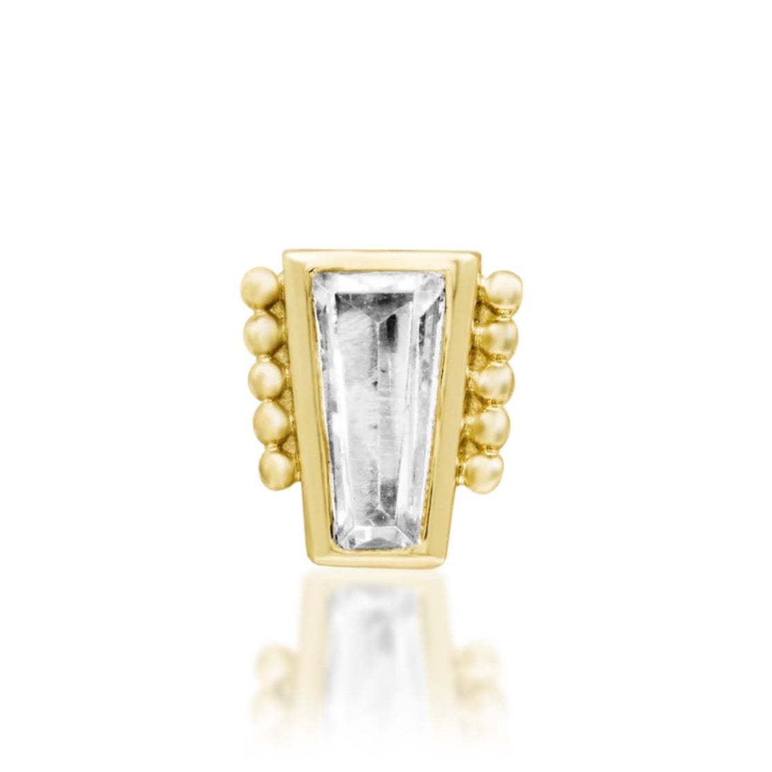 Solid gold baguette cartilage earring in 14k yellow gold, with a clear CZ framed by intricate beaded detail.