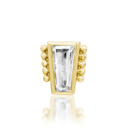 Solid gold baguette cartilage earring in 14k yellow gold, with a clear CZ framed by intricate beaded detail.