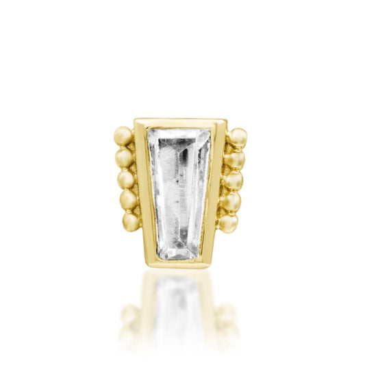 Solid gold baguette cartilage earring in 14k yellow gold, with a clear CZ framed by intricate beaded detail.