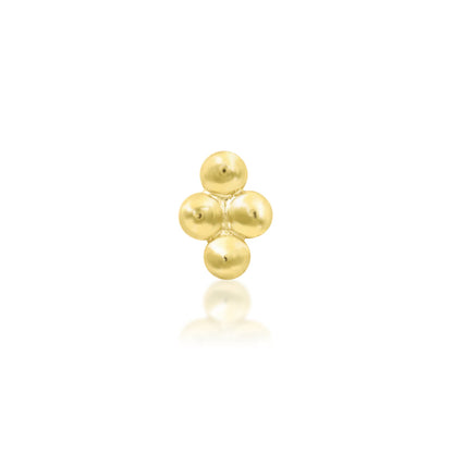 Solid gold bead cluster earring in 14k yellow gold, with four polished beads forming Junipurr Beaded Diamond.
