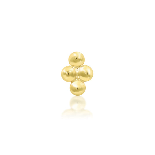 Solid gold bead cluster earring in 14k yellow gold, with four polished beads forming Junipurr Beaded Diamond.
