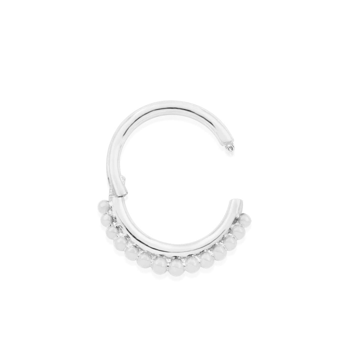 Solid gold bead hoop in white gold featuring evenly spaced polished bead detailing.