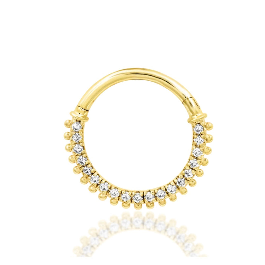 Solid gold beaded CZ septum ring in 14k yellow gold, featuring the double-row Junipurr Mimi design.